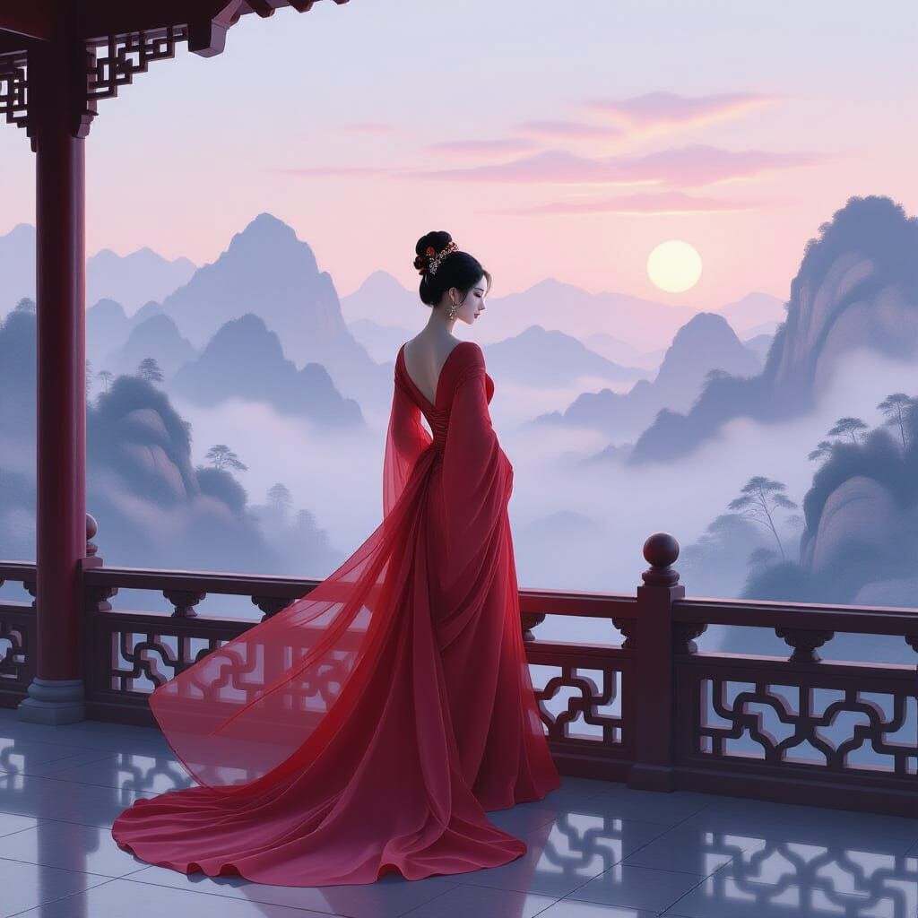 Elegant Asian Woman on Balcony at Dawn