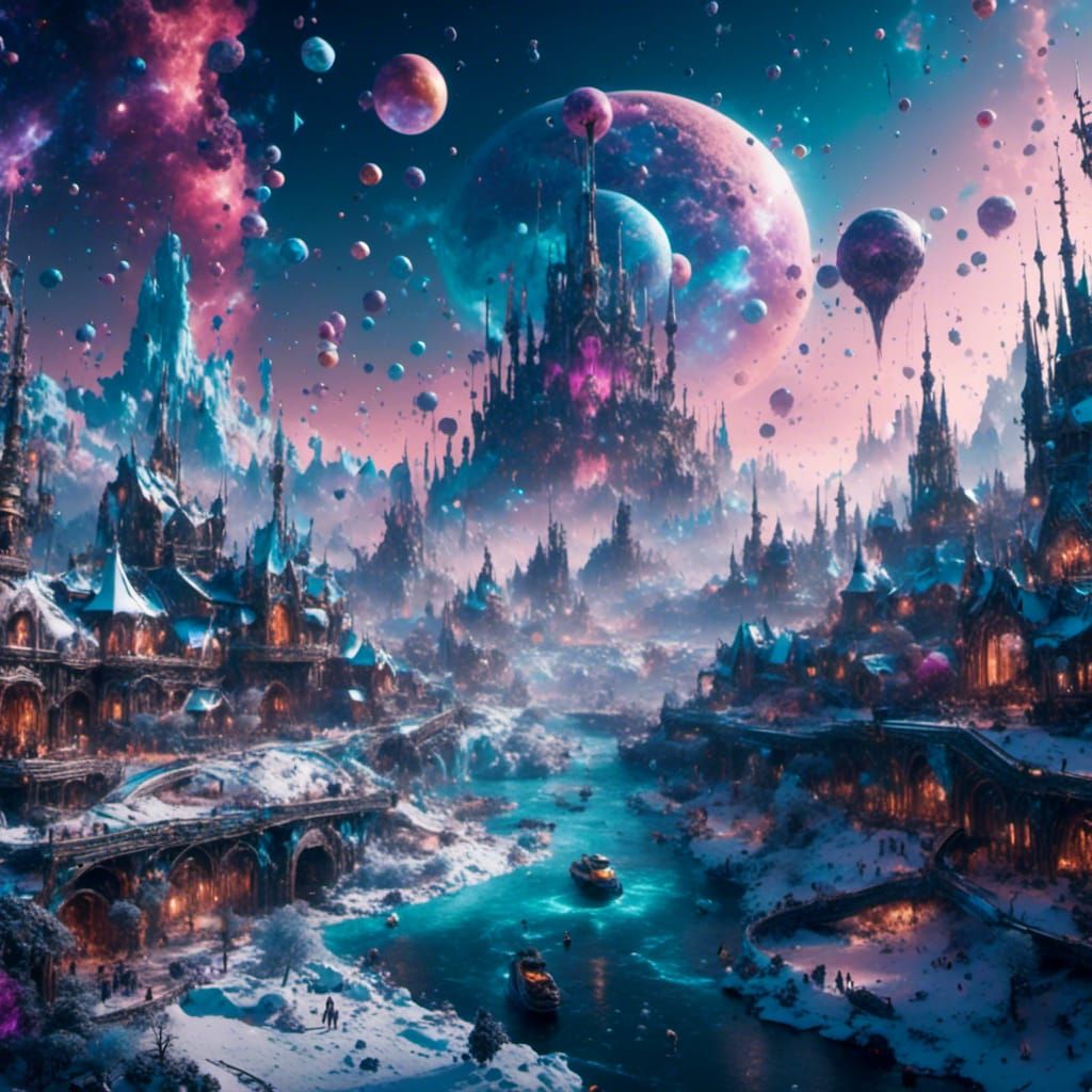 Futuristic Winter Blizzard with Flying Spaceships