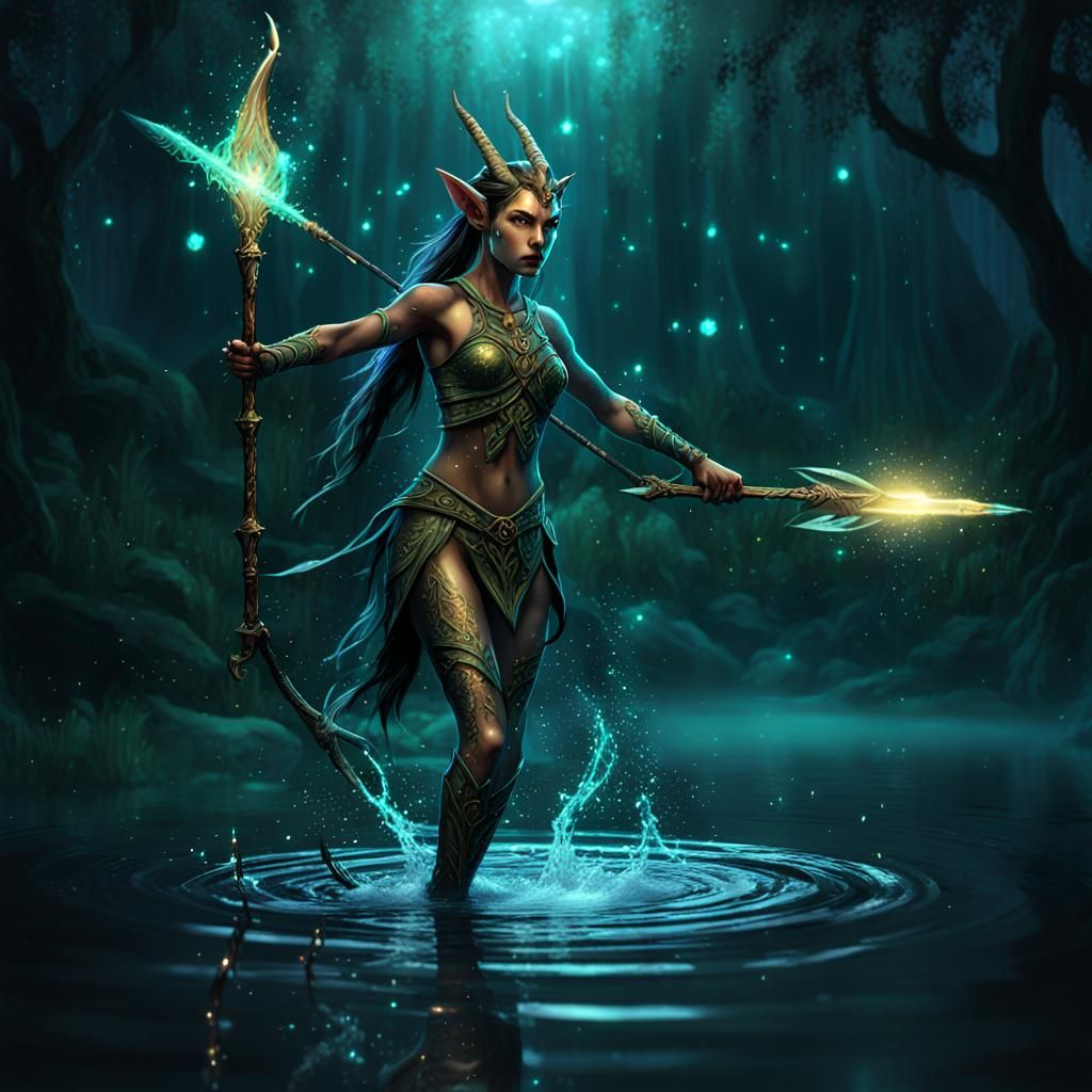 A beautiful female elf centaur with long elven ears hornless...