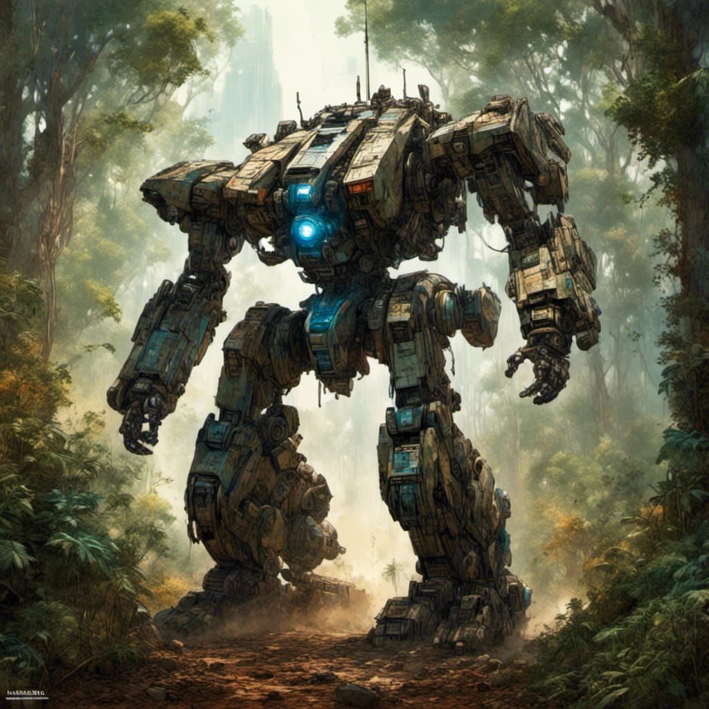 Leafy Robot Giant in Misty Forest Concept Art