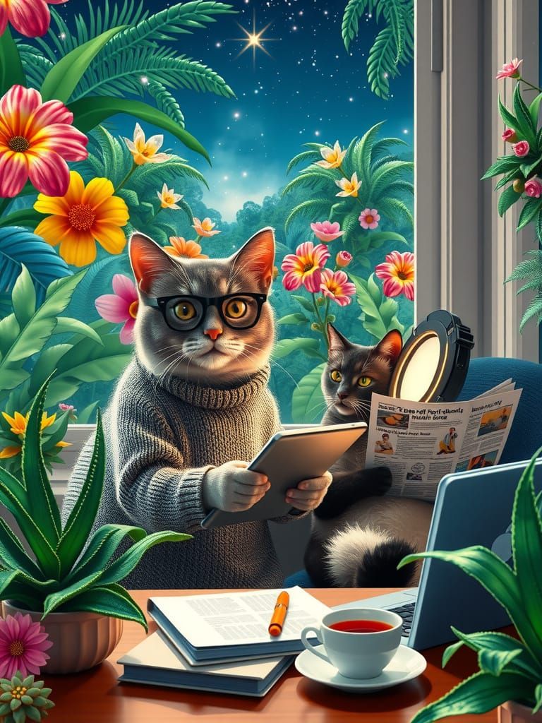 Generational Cats in Rainforest, Klimt-Inspired Style