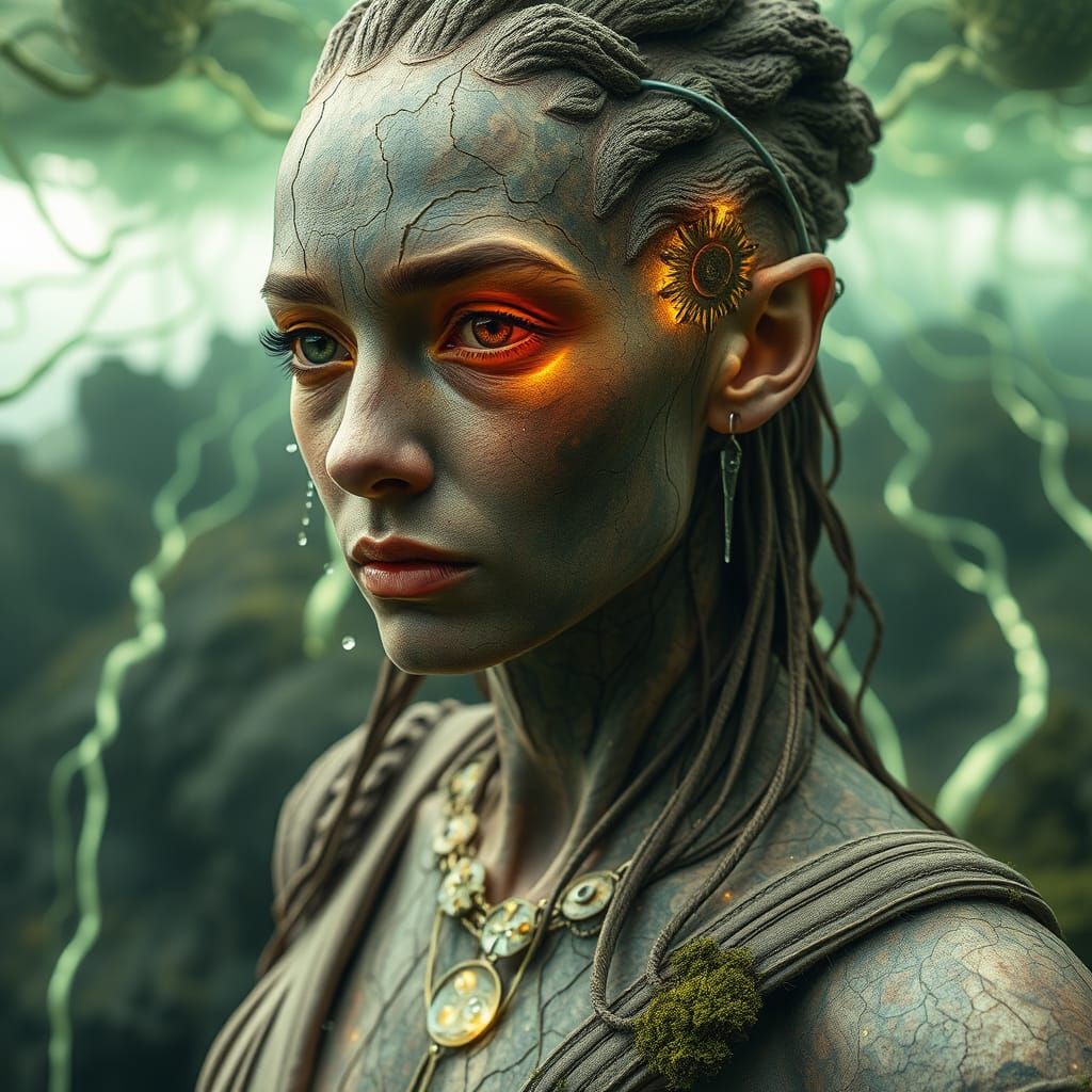 Transhumanist Woman Merging with Mycelium Network