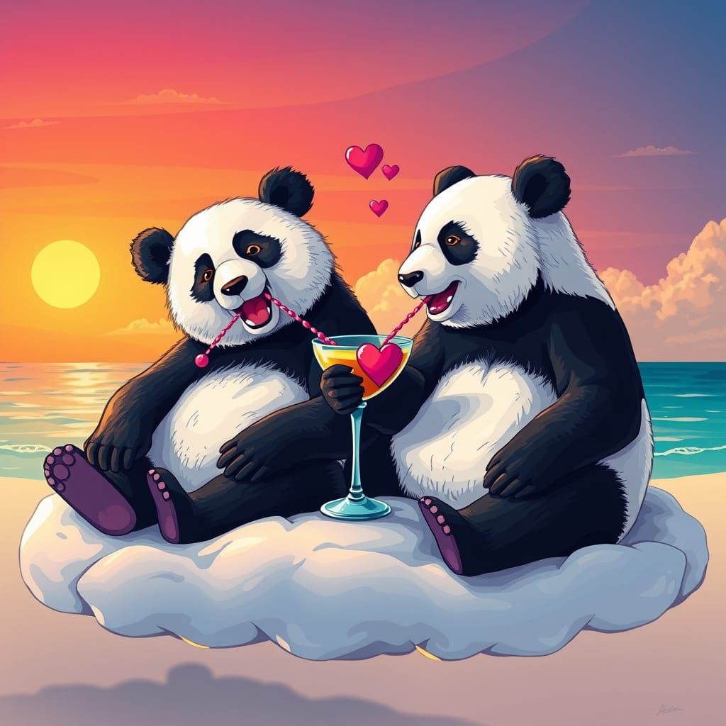 Pandas in Love Unwind in Vibrant Beach Oasis