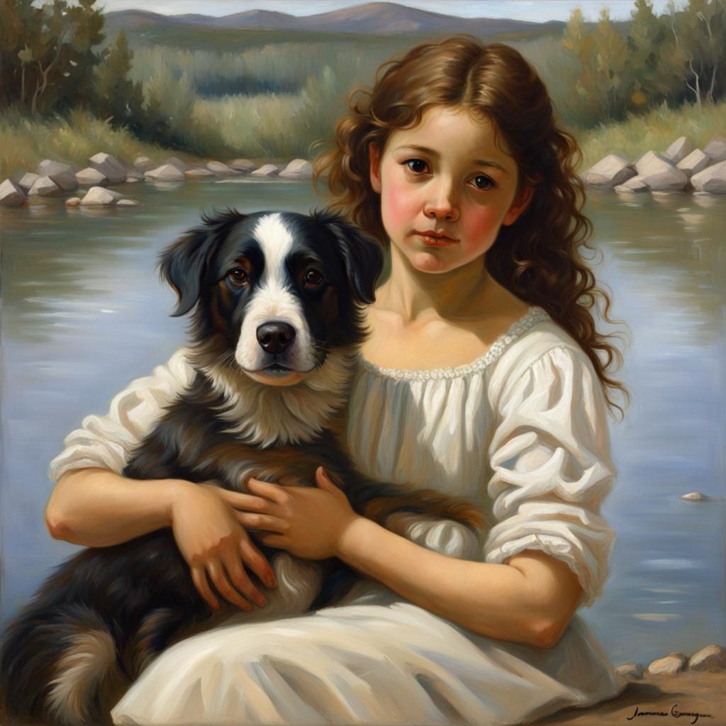 Girl with Dog in Neoclassical Style