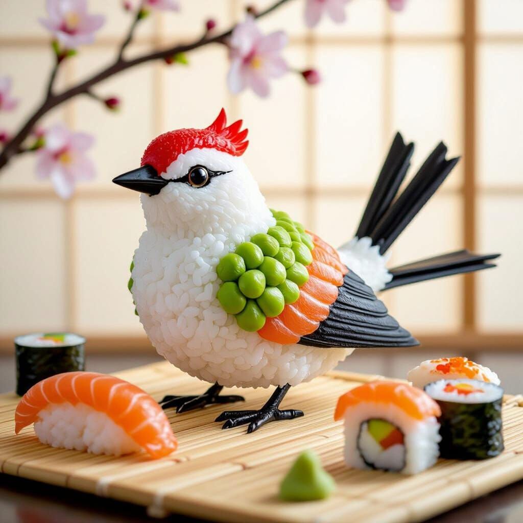 Sushi Bird Sculpture in Hyperrealistic Style