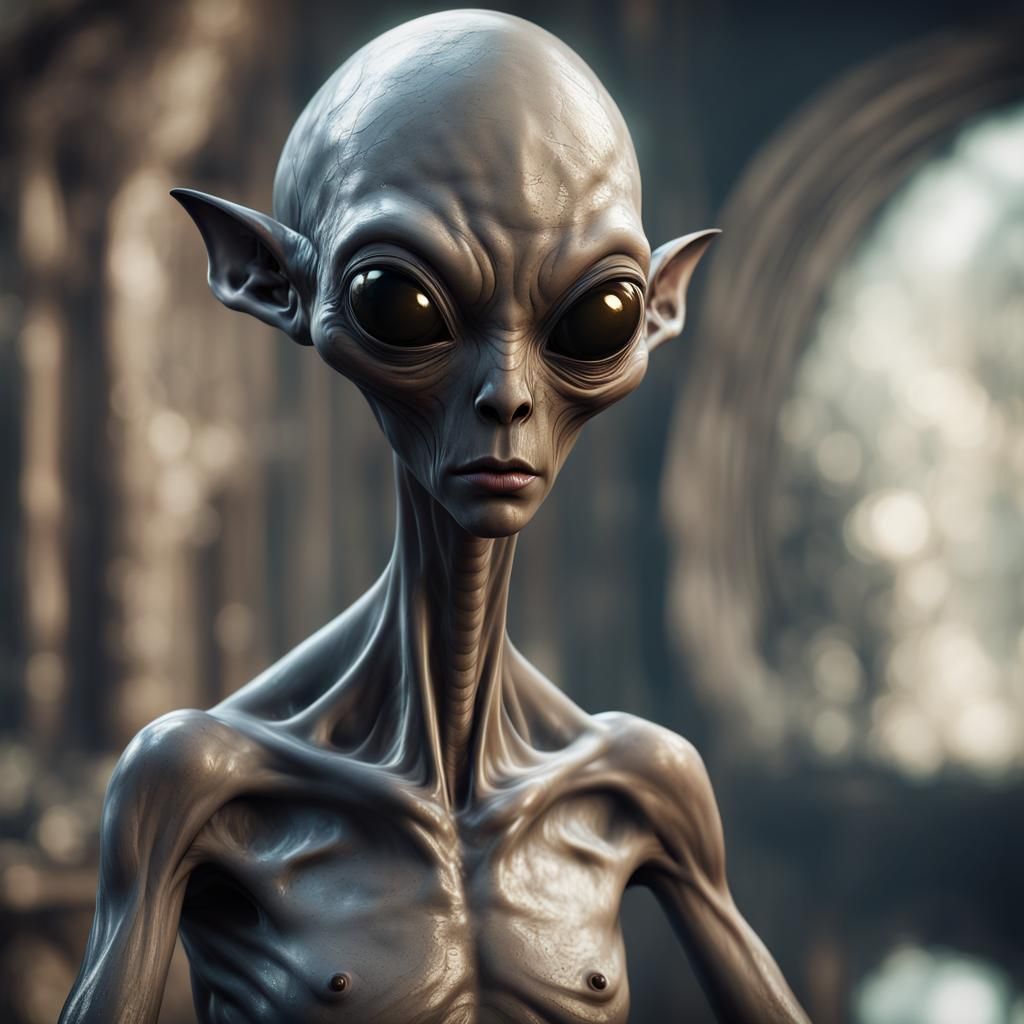 Hyperrealistic Grey Alien in Detailed Matte Painting