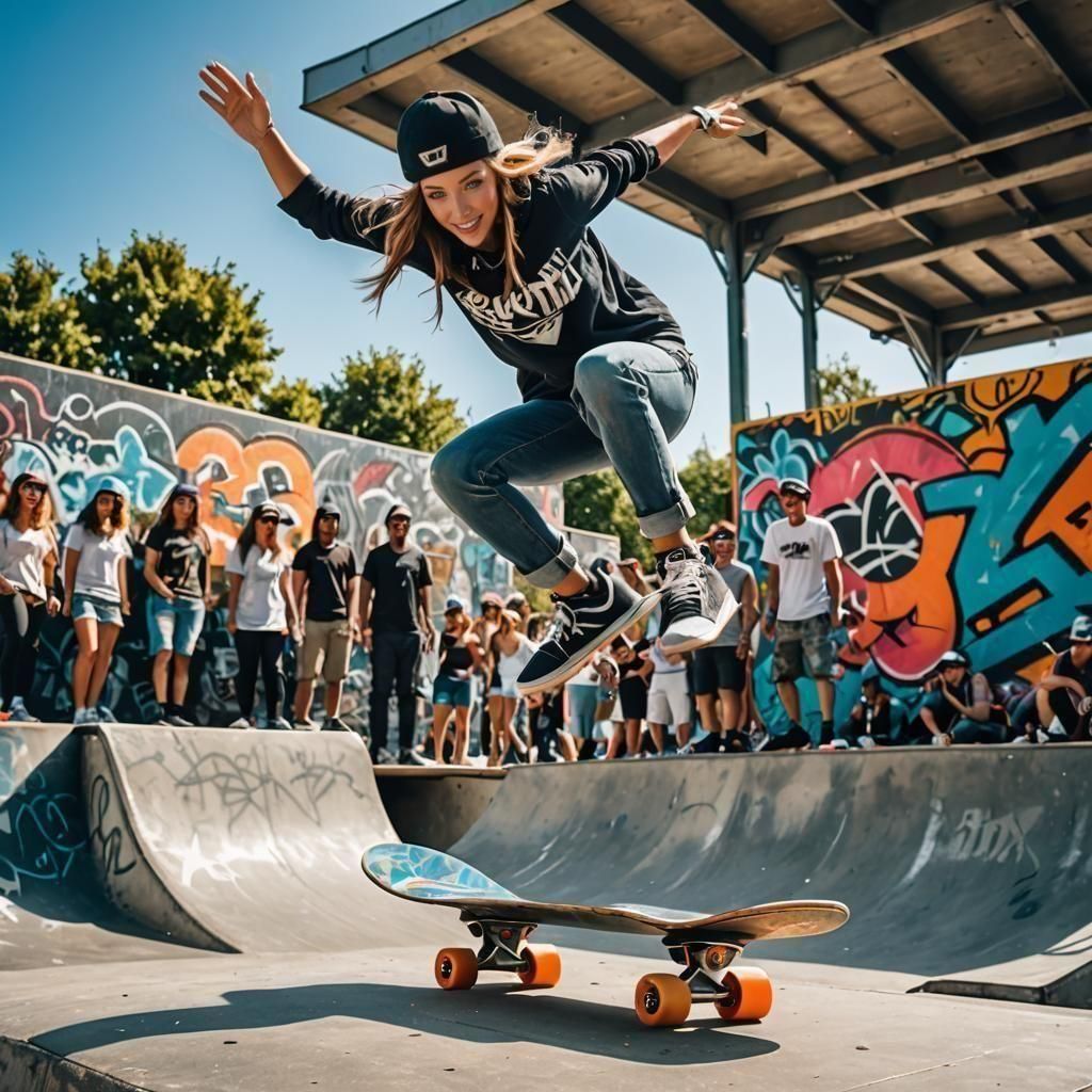 Skater Girl Backflip at Skatepark in Hyperrealistic Style