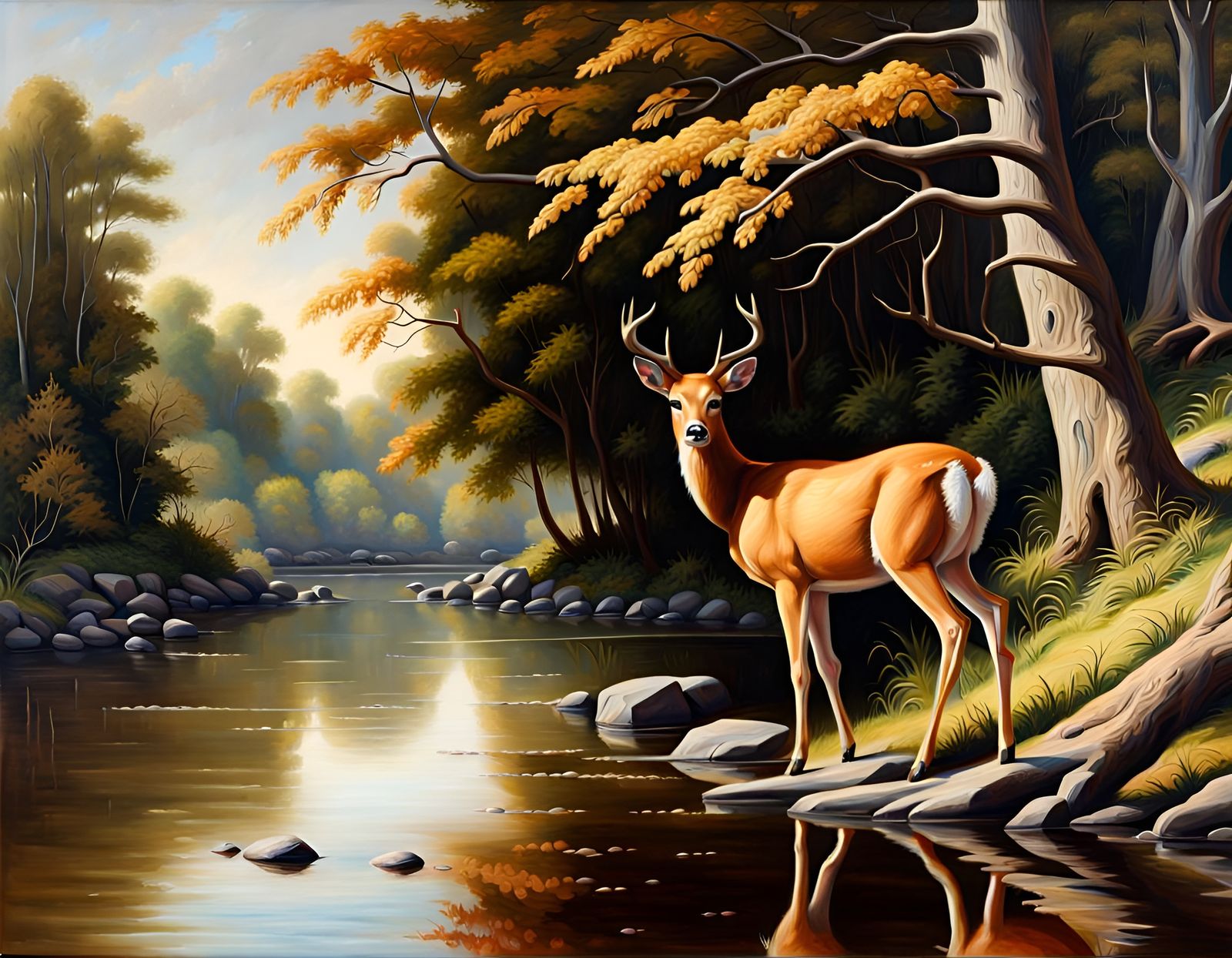 Idyllic Landscape with Deer in Hudson River Style