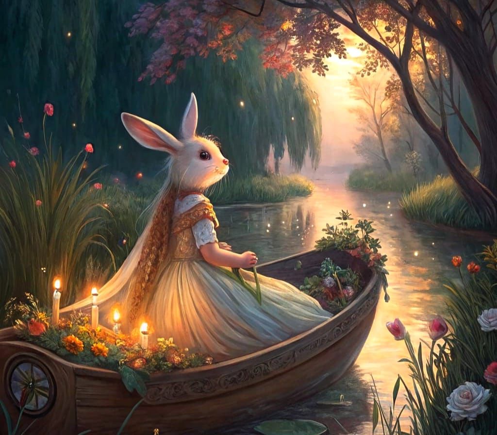 Victorian Lady of Shalott with Bunny in Diaphanous Gown