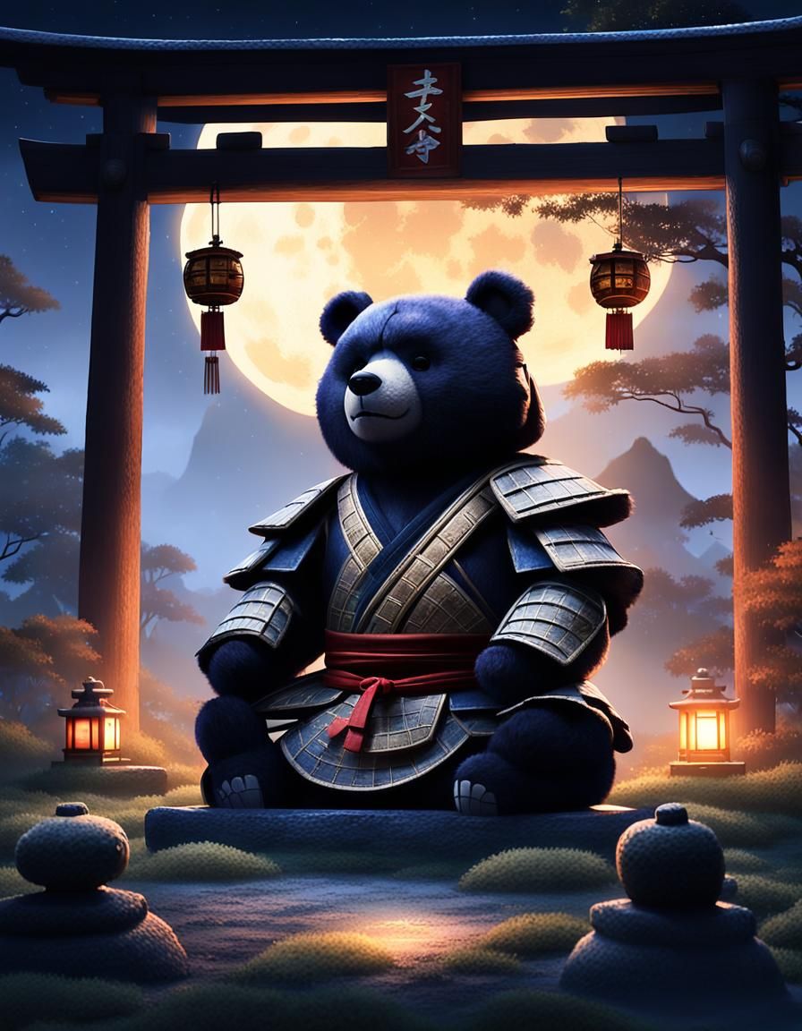 Samurai Teddy Bear Meditating in Japanese Landscape
