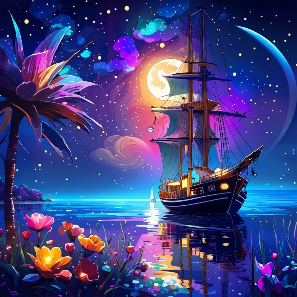Sparkling Starry Night Sailboat in Maximalist Style