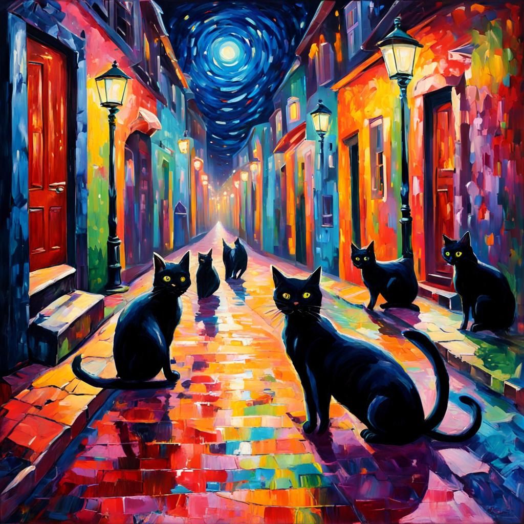 Black Cats on a Multicolored Street: Expressionist Oil Paint...