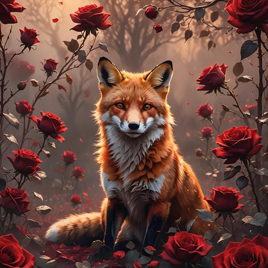 Cinematic Red Fox in a Rose Garden