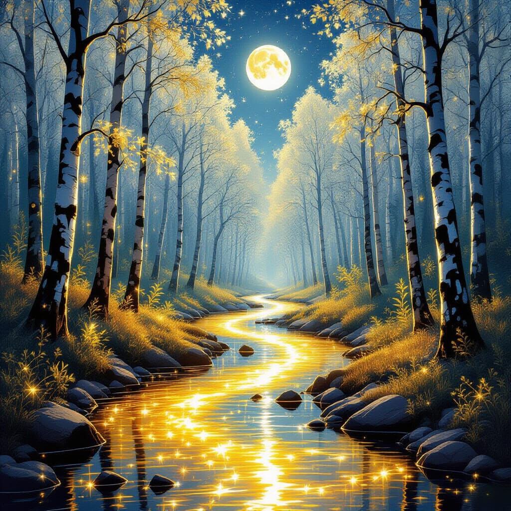 Golden River Through Transparent Glass Forest Under Moonligh...