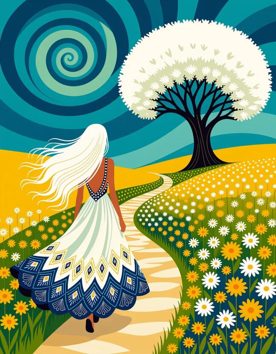 Woman in Feathered Dress Walking a Floral Path