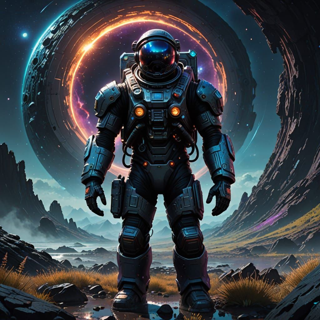 Astronaut Gazing at Black Hole on Alien Planet