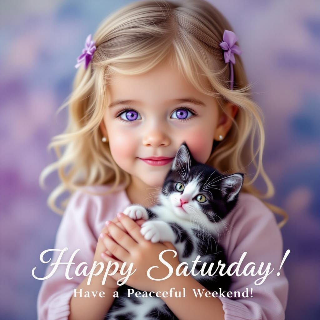 Cute Blonde Girl Holds Kitten With Purple Eyes