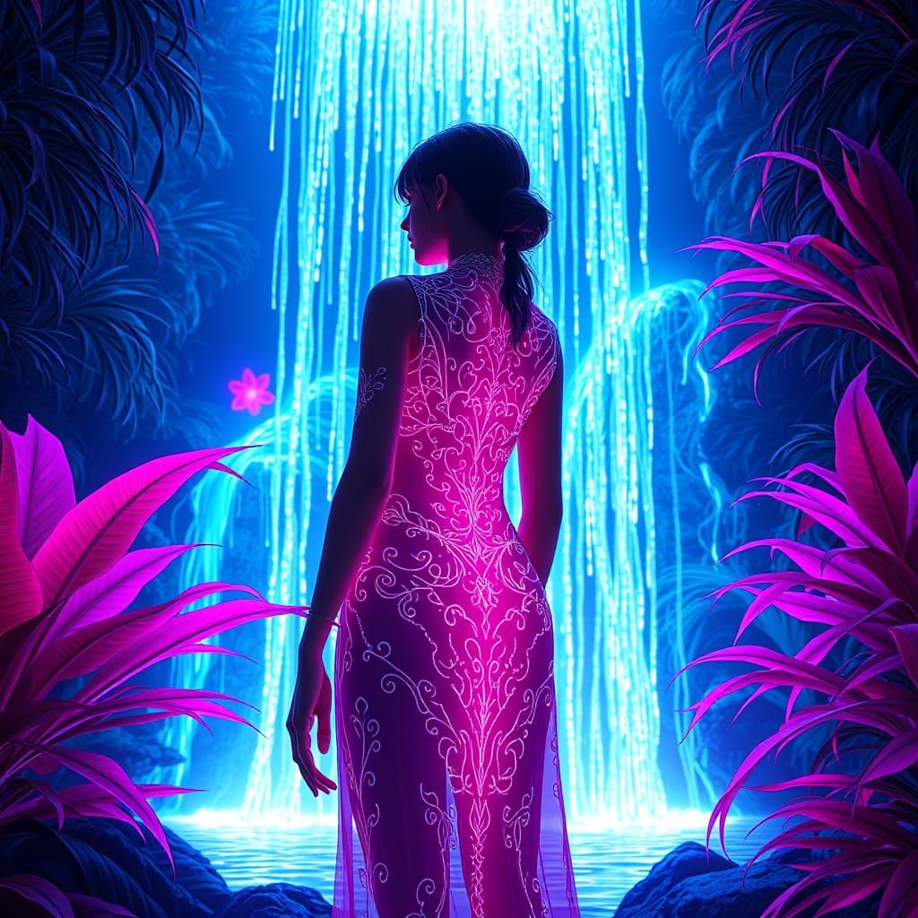 Woman in Luminescent Outfit by Neon Waterfall