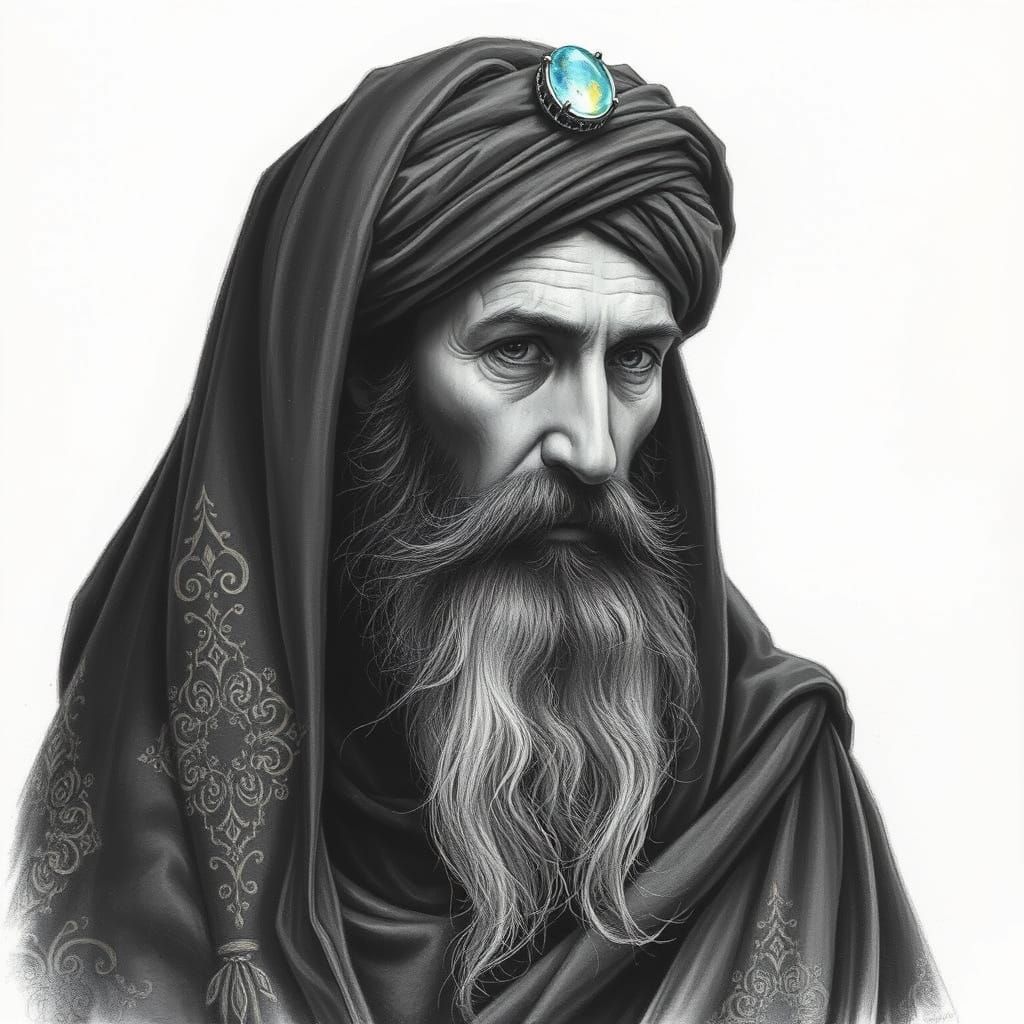 Serene Holy Man in Black Cloak with Golden Embroidery