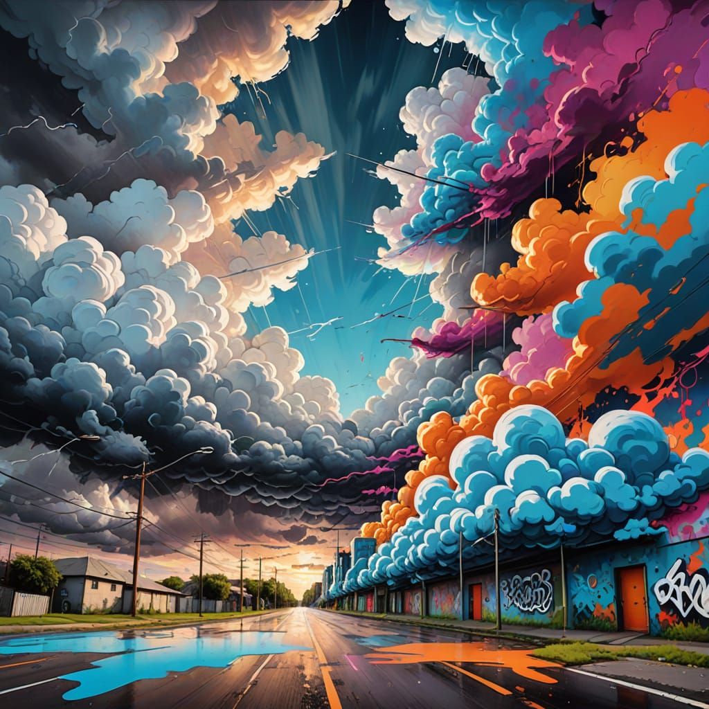 Graffiti Art: Serene Landscape and Subtle Storm