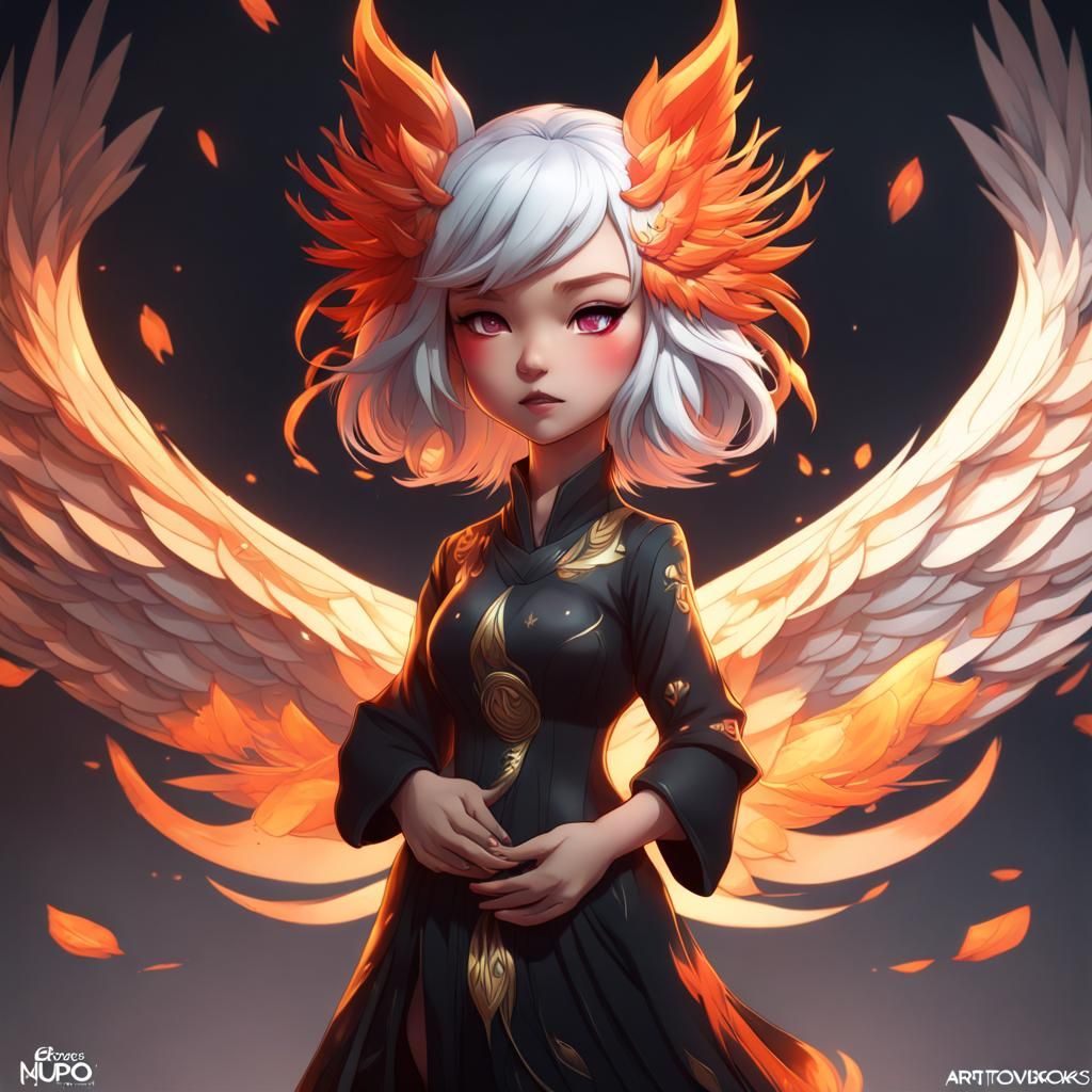 Chibi Kitsune Girl in Phoenix Dress: Art Nouveau Portrait