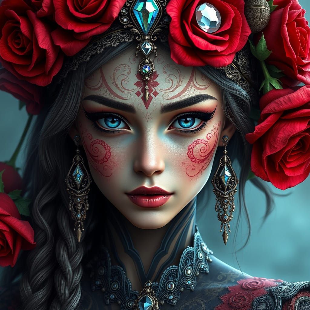 Mystical Fantasy Woman in Crimson Rose Headdress with Intric...