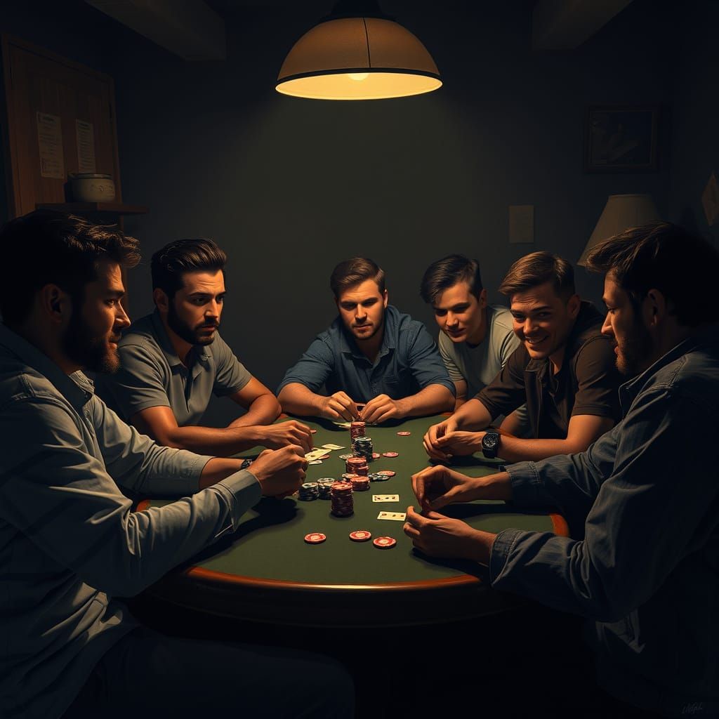 Friends Play Poker in Dimly Lit, Moody Room