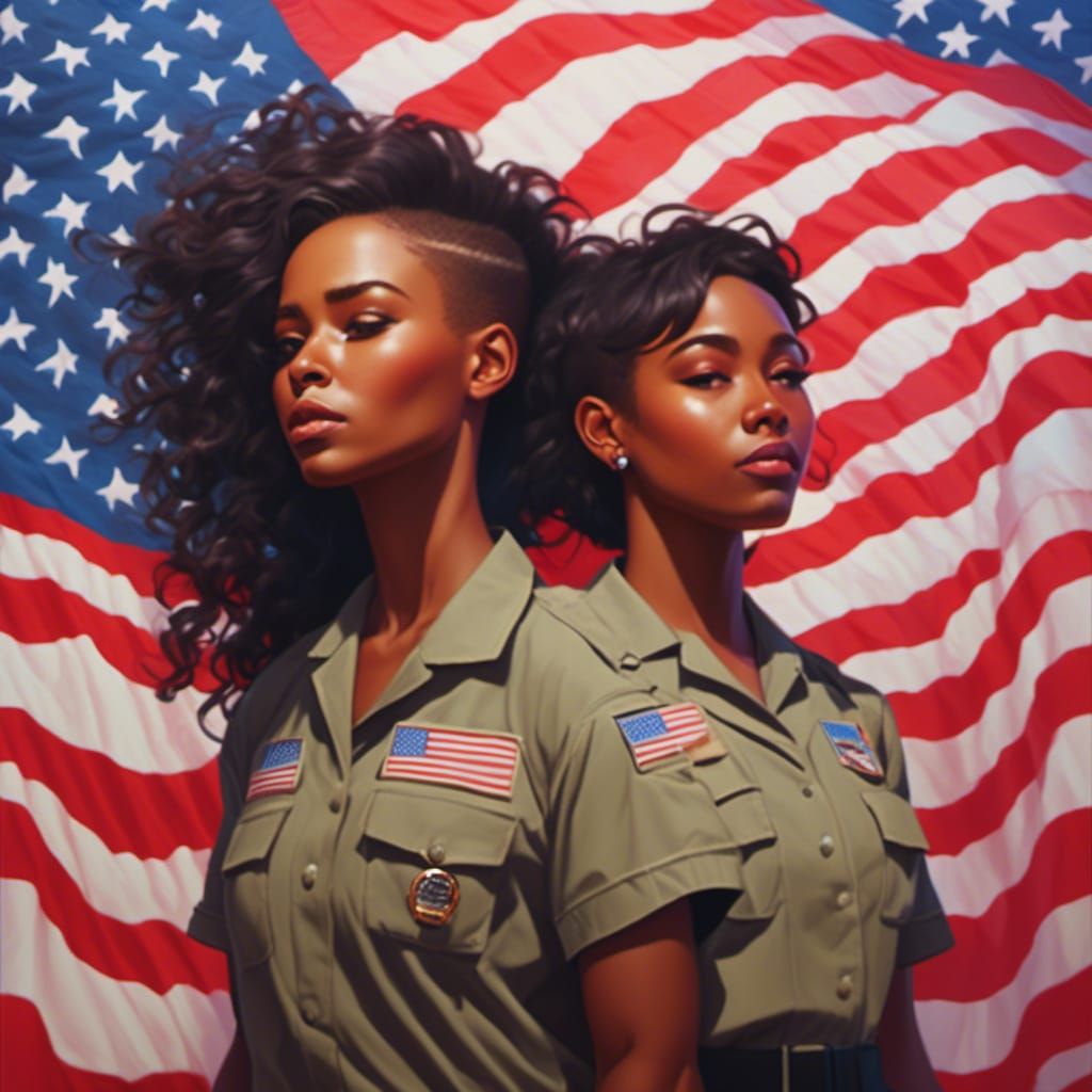 Black Female Veterans in Front of American Flag