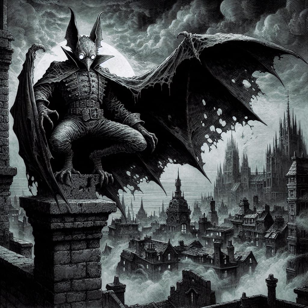 Gothic Cityscape with Zubat-Inspired Creature at Dusk