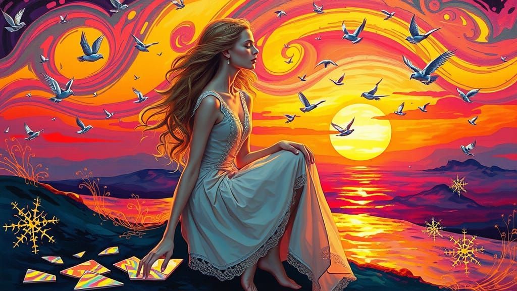 Ethereal Woman Transforms Amidst Whirling Sunset and Celesti...