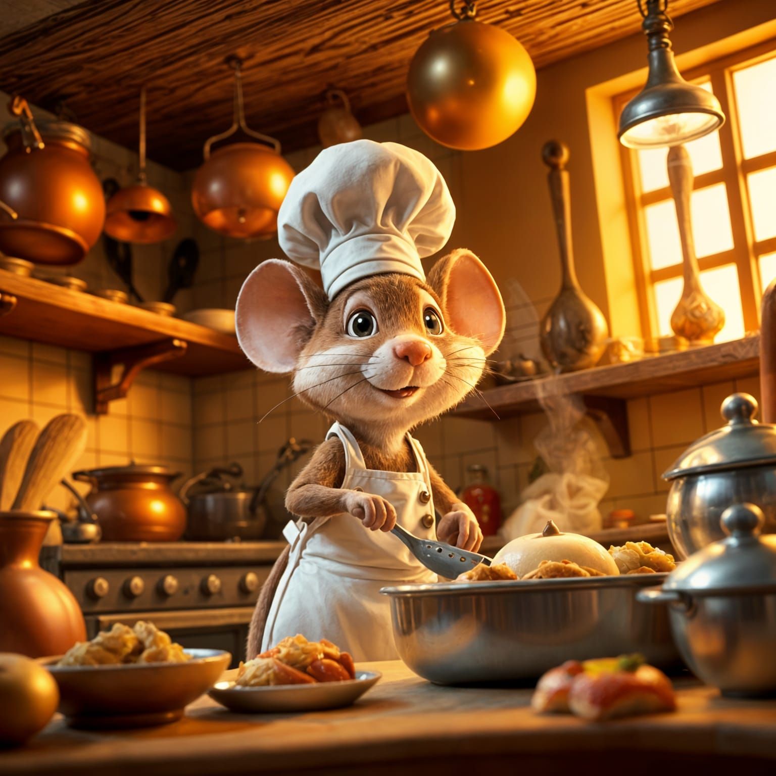 Tiny Chef Mouse Prepares a Cozy Feast in Whimsical Cartoon S...