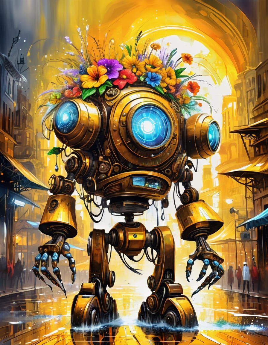 Steampunk Robot Offers Flowers in Vivid Oil Painting Style