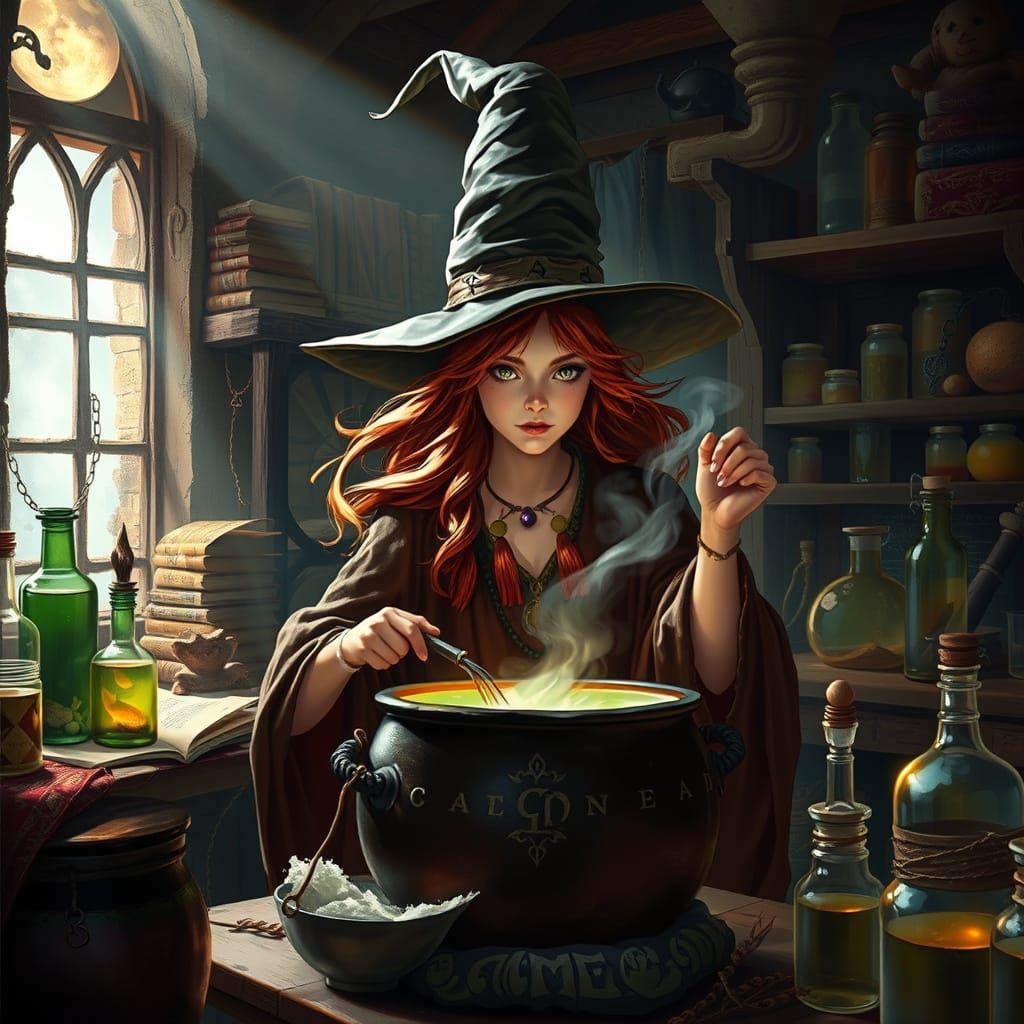 Enchanting Witch Brews Potion in Dark Fantasy Style