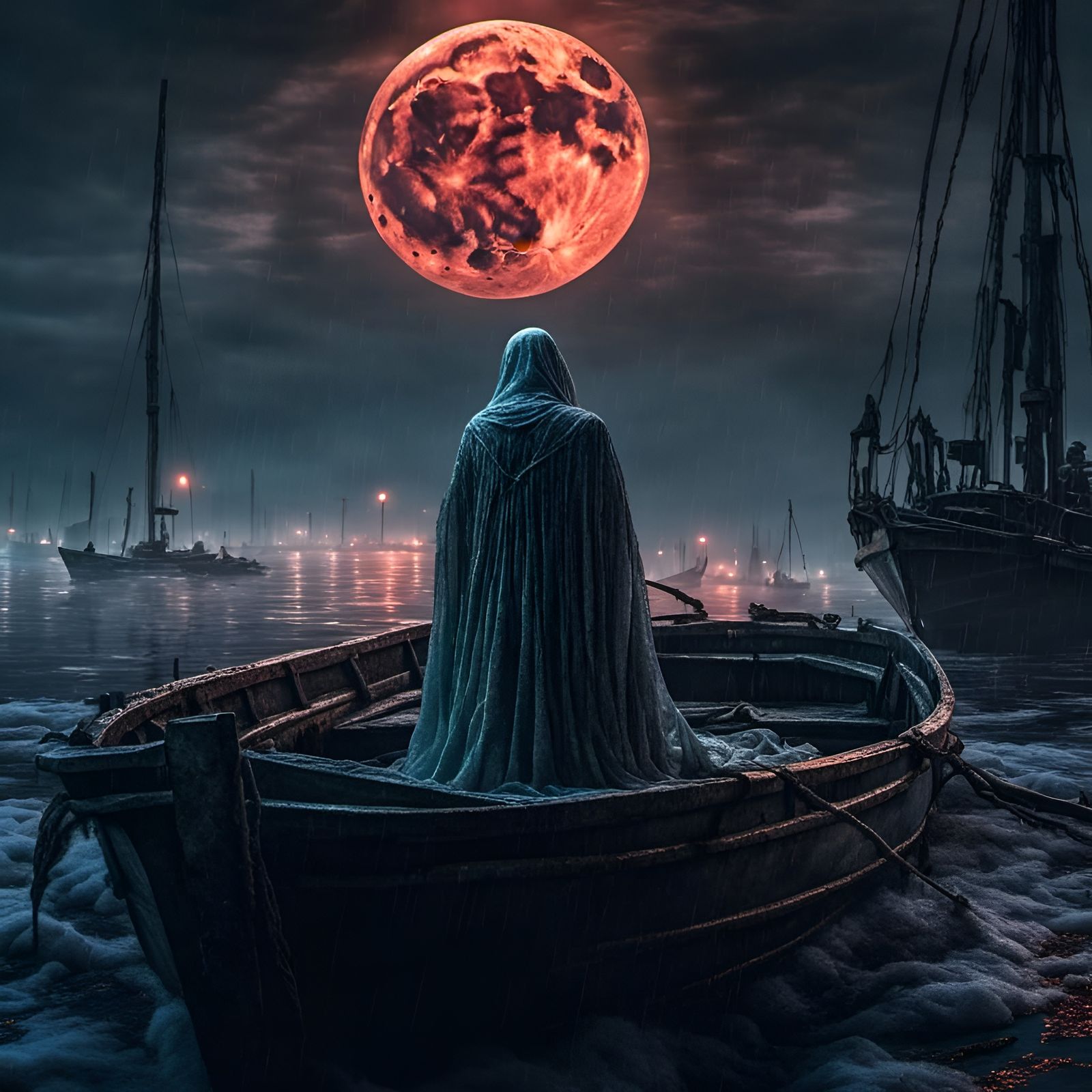 Figure Under Blood Moon on Snowy Night