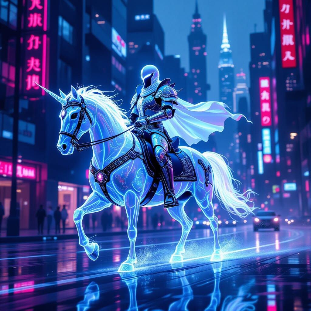 Ghost Knight Rides Spectral Horse in Cyberpunk City