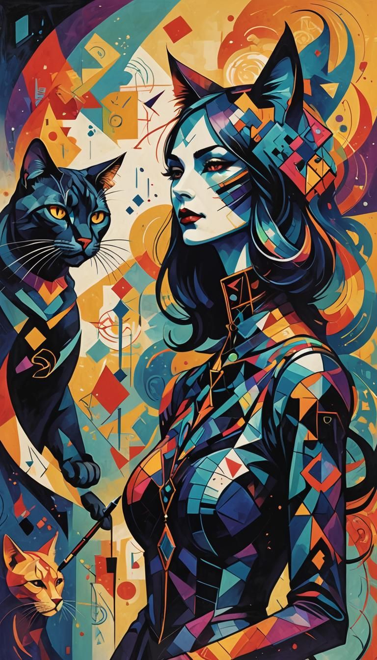 Cubist Cat Girl as Death Dances in Art Nouveau