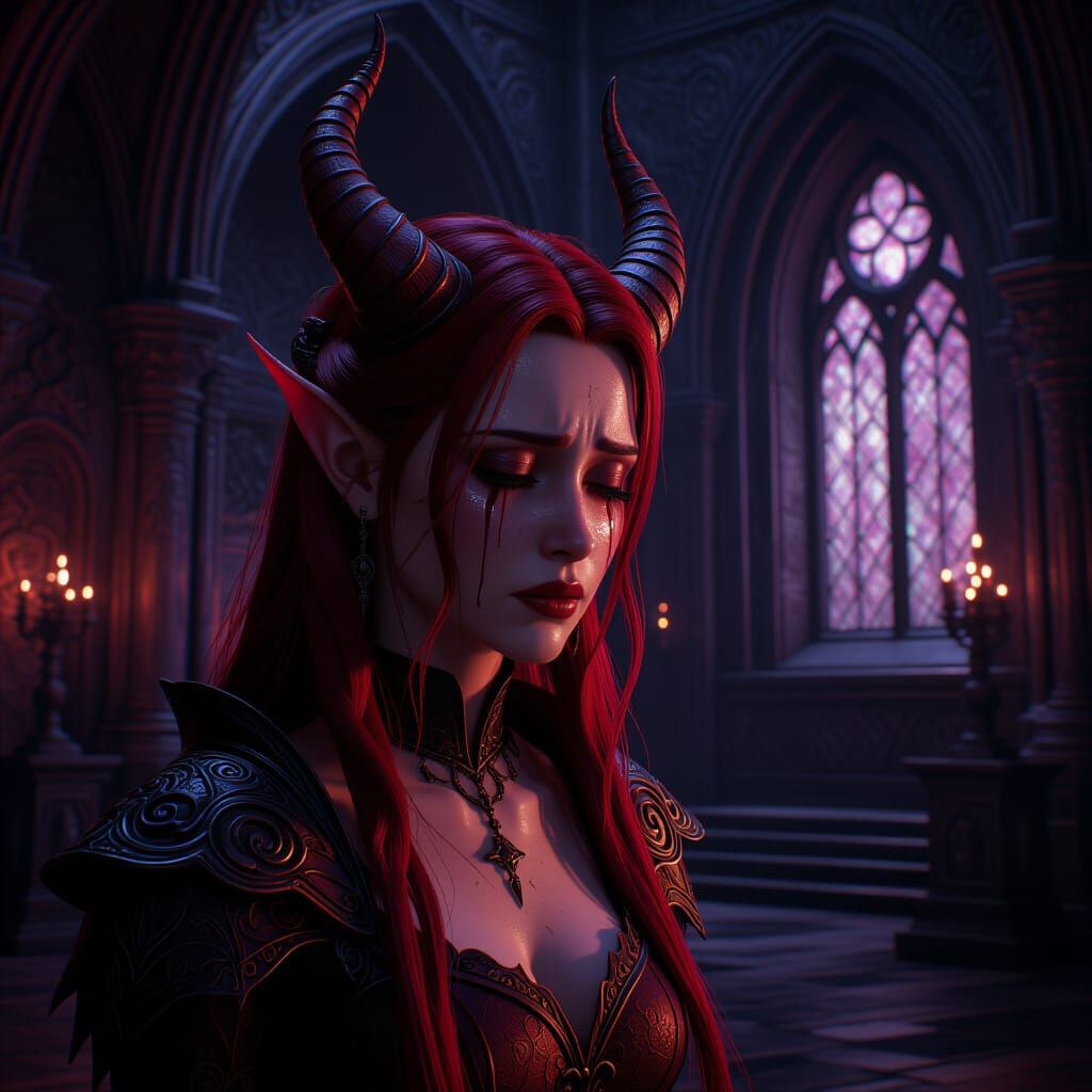 Lonely Demon Princess Weeps in Gothic Castle Hall
