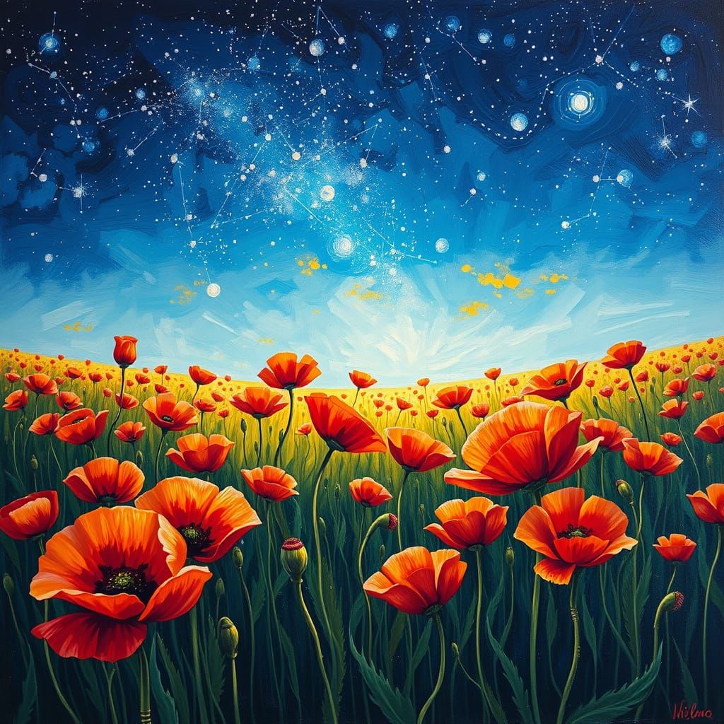Poppy Constellations in Dreamlike Night Sky Impasto Painting