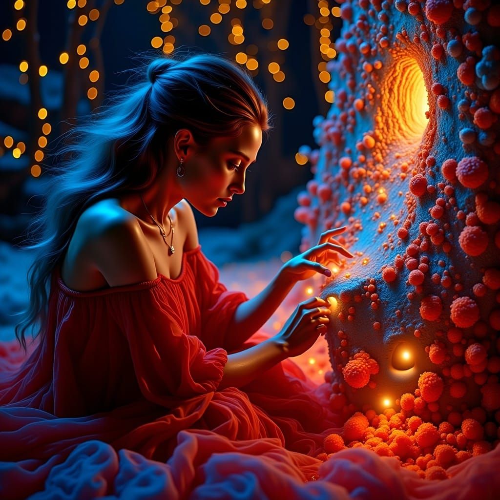 Vibrant Bioluminescent Woman Creates Art on a Mountain Peak