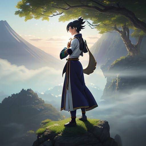Serene Anime Warrior in Dreamlike Landscape