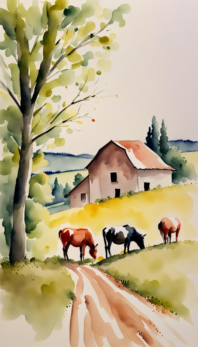 Watercolor Painting of Farm Life
