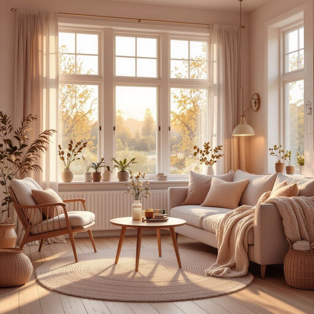 Cozy Scandinavian Living Room Hygge Style Illustration