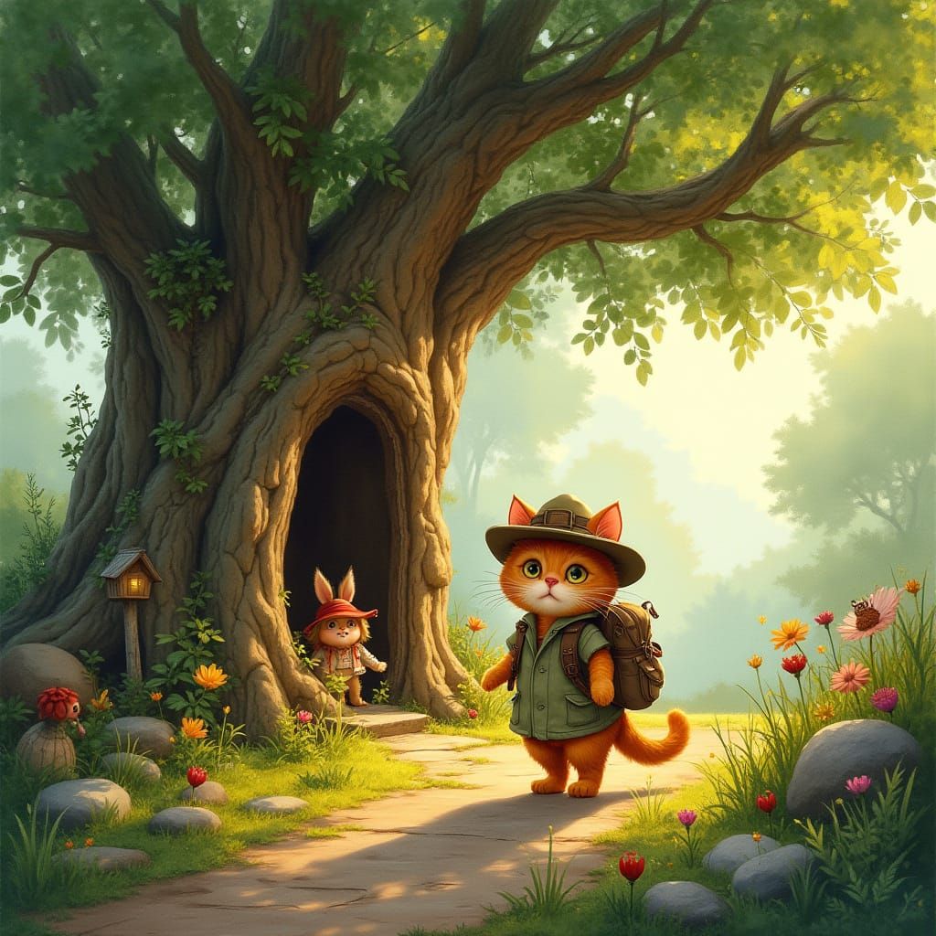 Ginger Cat Discovering Fairy Village: Whimsical Art