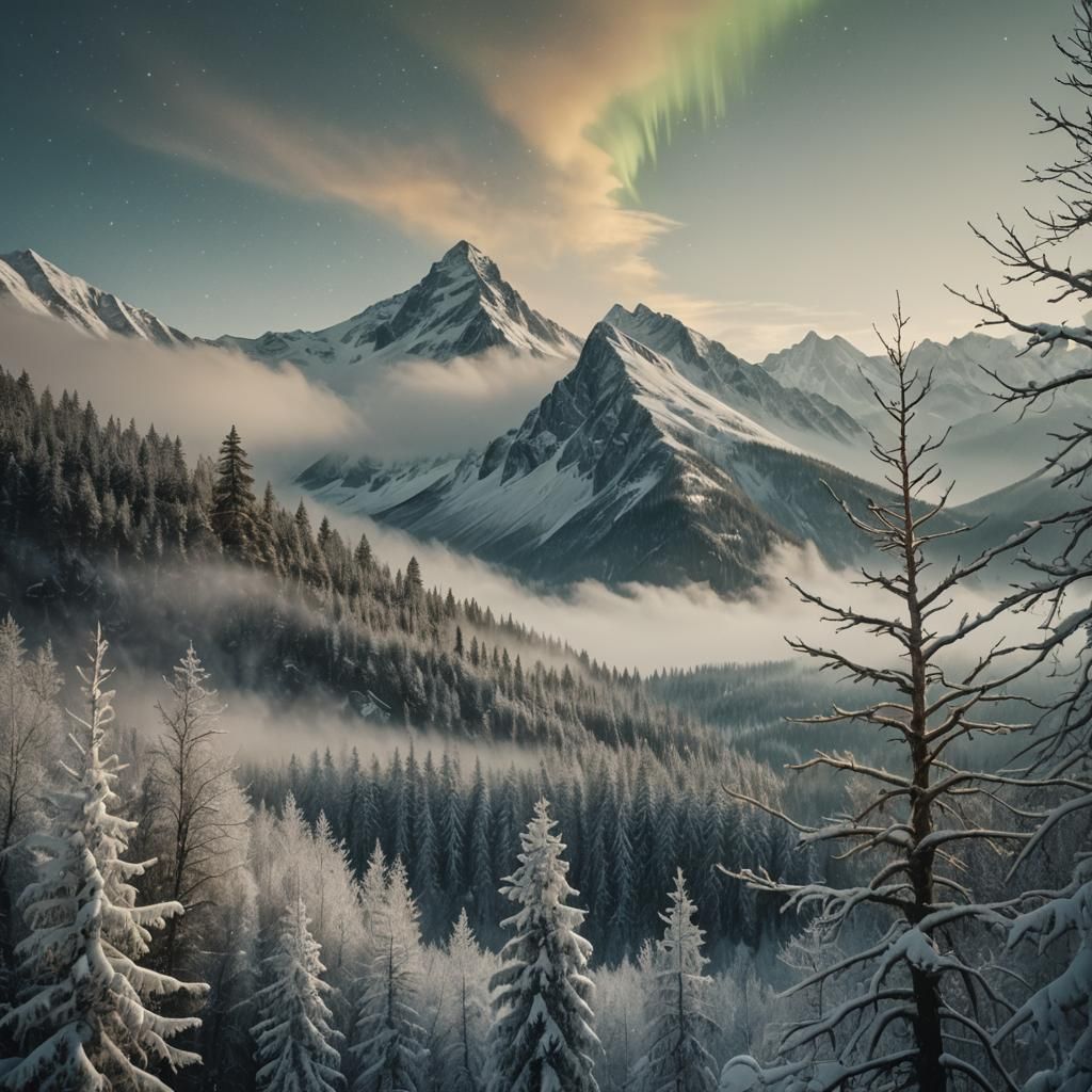 Mountain Peak Above Frozen Forest in Golden Light