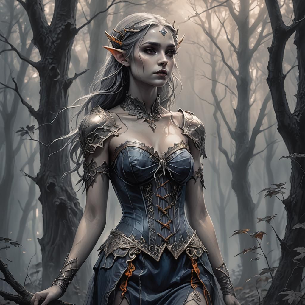 Angelic Elf in Misty Woods: Pencil Sketch