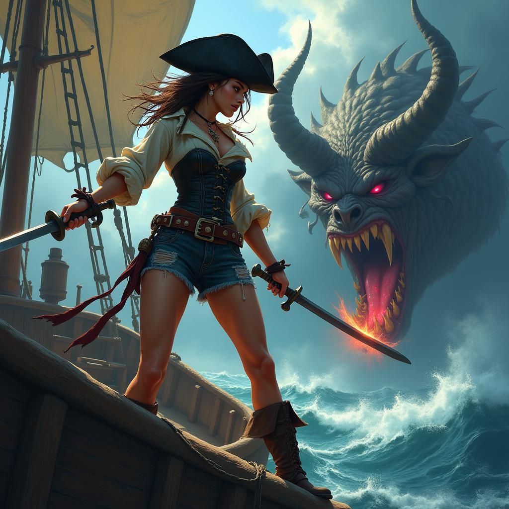 Teenage Pirate Battles Devil Monster on Stormy Seas