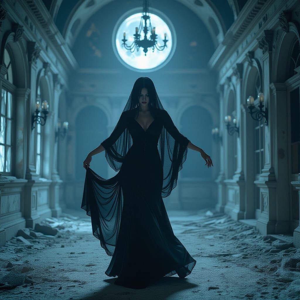 Solitary Dancer in Moonlit Ballroom, Chiaroscuro Lighting