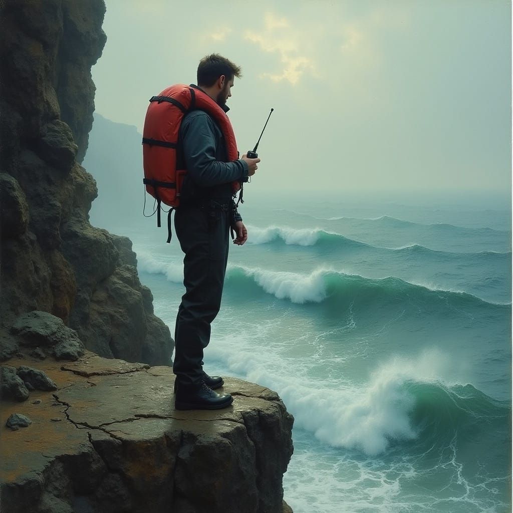 Man Contemplates Ocean's Fury from Rocky Cliff