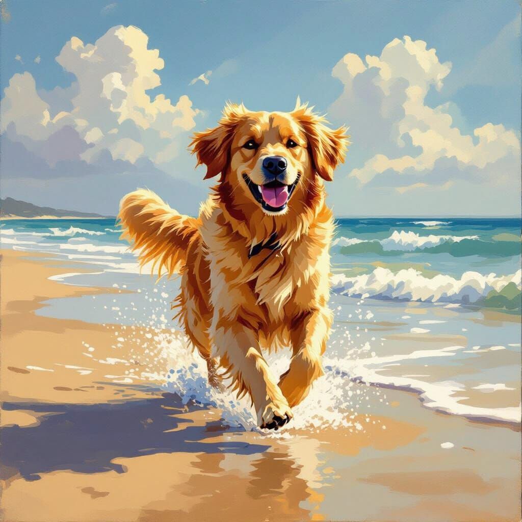 Golden Retriever on Sunny Beach in Impressionistic Style