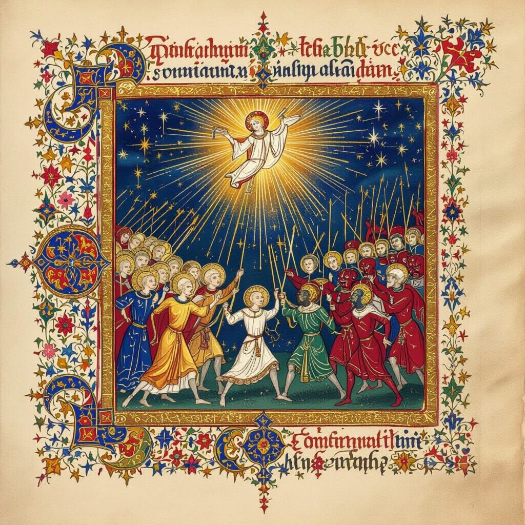 Medieval Manuscript Art: Celestial Beings Battle Demons